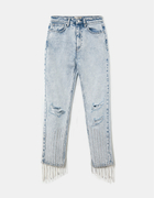 High Waist Mom Jeans with Rhinestone Fringe