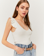 White Sleeveless Knit Top with Ruffles