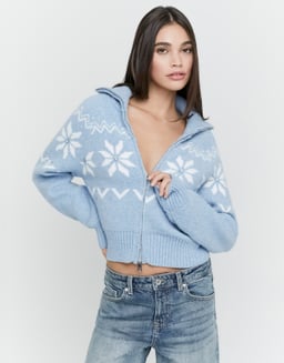 Blauer Jacquard Strickcardigan mit Strasssteinen | TALLY WEiJL