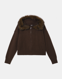 Cardigan marron ajusté en maille avec capuche en fausse fourrure | TALLY WEiJL