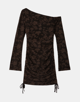 Mini Abito Marrone Floreale Floccato con Scollo Asimmetrico | TALLY WEiJL