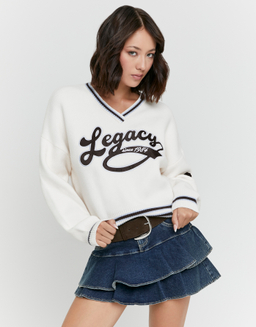 White Embroidered V Neck Knit Jumper | TALLY WEiJL