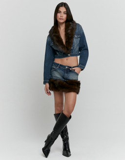 Blue Denim Mini Skirt with Detachable Faux Fur | TALLY WEiJL