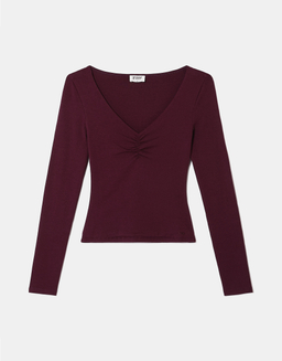 T-shirt Bordeaux Aderente a Maniche Lunghe in Cotone con Scollo a V | TALLY WEiJL