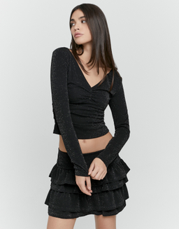 Schwarzes Shimmer-Langarmshirt aus Lurex mit V-Ausschnitt | TALLY WEiJL