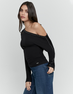 Top Nero Asimmetrico con Borchie | TALLY WEiJL