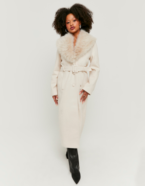 Beige Long Coat with Faux Fur | TALLY WEiJL