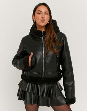 Schwarze Kunstlederjacke mit Kunstpelz | TALLY WEiJL