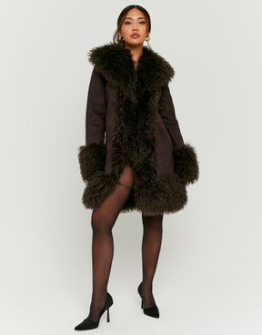 Giacca lunga marrone in camoscio con Pelliccia Sintetica | TALLY WEiJL