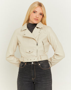 Beige Faux Leather Biker Jacket | TALLY WEiJL