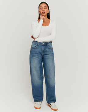 Blue Mid Waist Barrel Leg Jeans | TALLY WEiJL