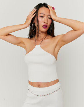 Gestricktes Rückenfreies Weisses Top mit Strasskette | TALLY WEiJL