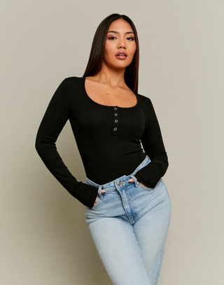 Schwarzer Langarm-Bodysuit mit Knöpfen | TALLY WEiJL