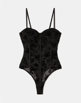 Black Flocked Floral Bodysuit | TALLY WEiJL
