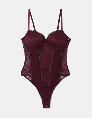 Body Borgogna Aderente In Pizzo E Mesh Con Scollo A Cuore | TALLY WEiJL