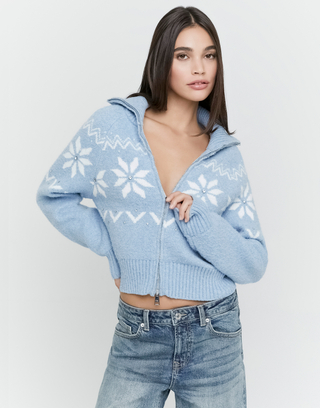 Blauer Jacquard Strickcardigan mit Strasssteinen | TALLY WEiJL