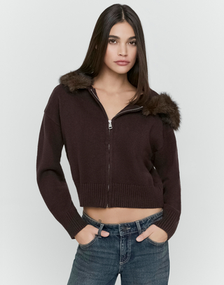 Brown Fitted Knit Cardigan with Faux Fur Hood | TALLY WEiJL