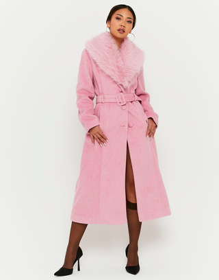 Pink Long Coat with Faux Fur | TALLY WEiJL