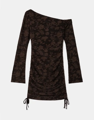 Mini Abito Marrone Floreale Floccato con Scollo Asimmetrico | TALLY WEiJL