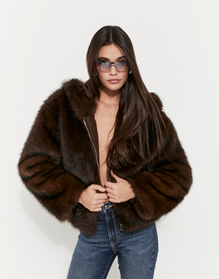 Veste Marron en Fausse Fourrure Zippée à Capuche | TALLY WEiJL