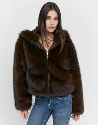 Veste Marron en Fausse Fourrure Zippée à Capuche | TALLY WEiJL