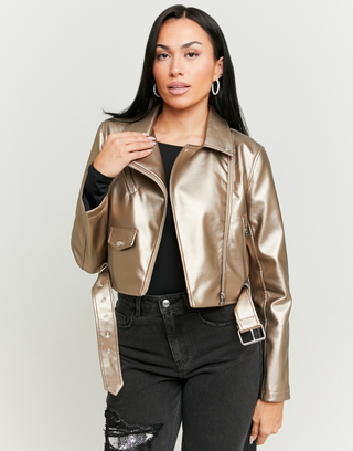 Golden Faux Leather Biker Jacket | TALLY WEiJL