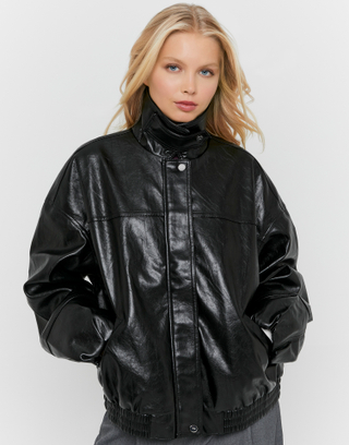 Black Oversized Faux Leather Jacket | TALLY WEiJL