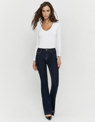 Dark Blue Mid Waist Bootcut Jeans | TALLY WEiJL