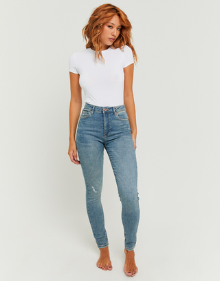 Blaue Mid-Waist-Skinny-Jeans mit Destroyed-Details | TALLY WEiJL