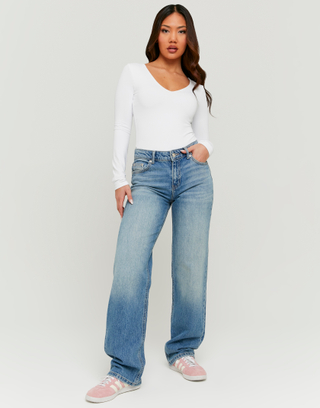 Blue Mid Waist Wide Leg Jeans | TALLY WEiJL