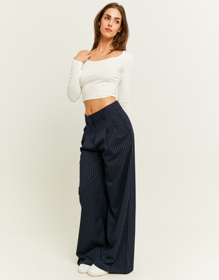 Navy Pinstripe Wide Leg Trousers | TALLY WEiJL