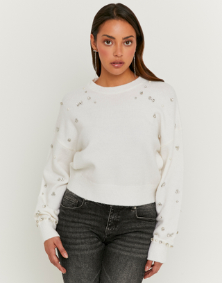 Maglione Bianco a Maglia con Strass | TALLY WEiJL