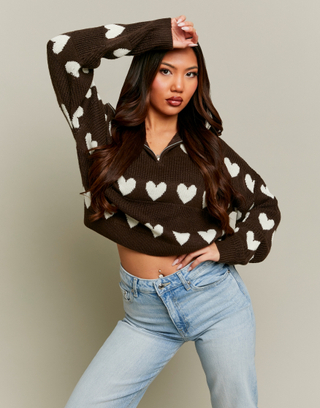 Maglione Marrone in Maglia con Zip e Cuori | TALLY WEiJL
