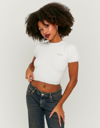 White Fluffy Jumper with Strass Bow | TALLY WEiJL