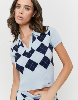 Blue Knitted Polo Top | TALLY WEiJL