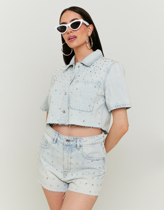 Shorts in denim a vita alta con strass | TALLY WEiJL