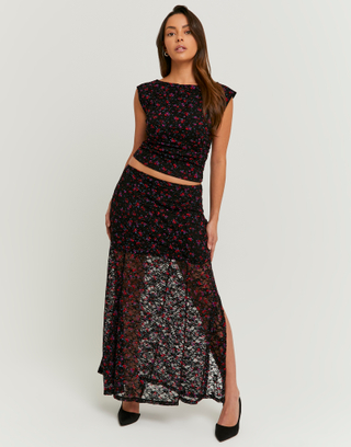 Gonna Lunga In Pizzo Nera Con Fiori Rossi | TALLY WEiJL