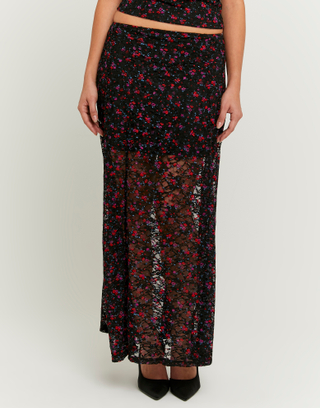 Gonna Lunga In Pizzo Nera Con Fiori Rossi | TALLY WEiJL