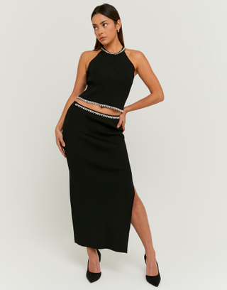 Black Rhinestone Knit Skirt | TALLY WEiJL