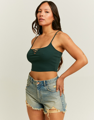Front Lace Up Detail Green Tank Top | TALLY WEiJL