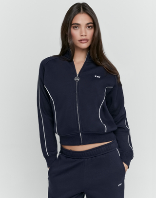 Sweat oversize bleu marine zippé à passepoils contrastants | TALLY WEiJL