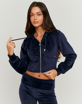 Blauer Cropped Samt Hoodie mit Reissverschluss | TALLY WEiJL
