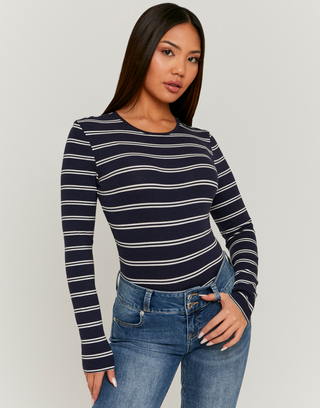 Basic Blue Striped T‑shirt with Long Sleeves | TALLY WEiJL