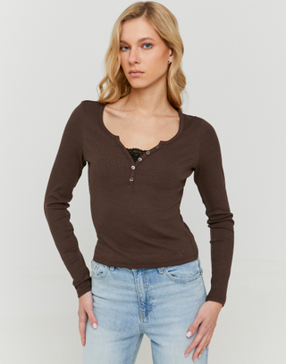 T-shirt Marrone a Maniche Lunghe con Dettaglio in Pizzo | TALLY WEiJL