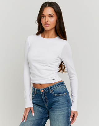 T-shirt Bianca Drappeggiata a Maniche Lunghe | TALLY WEiJL