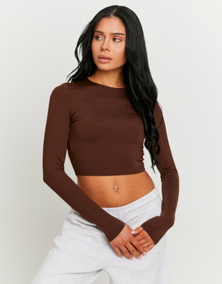 T-shirt basic marrone a maniche lunghe | TALLY WEiJL