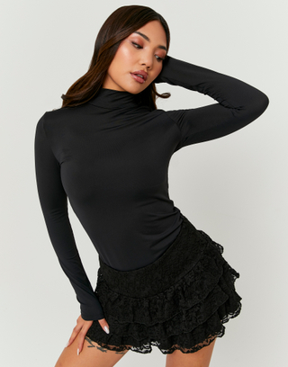 T-Shirt Basic Nera a Collo Alto | TALLY WEiJL