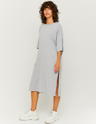 Grey Long T-shirt Dress with Slide 
