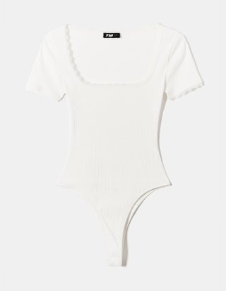 TALLY WEiJL, White Basic Bodysuit with Lace Neckline Detail for Women