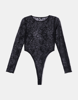 TALLY WEiJL, Black Sequins Lace Mesh Bodysuit for Women